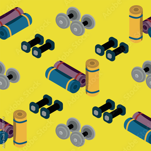 seamless pattern with isometric yoga mats and dumbbells of different sizes. vector illustration on a yellow background. sports lifestyle.