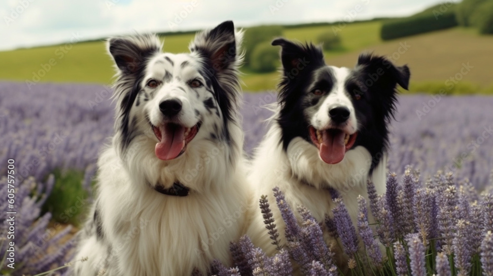 border collie dog spring portrait in green fields