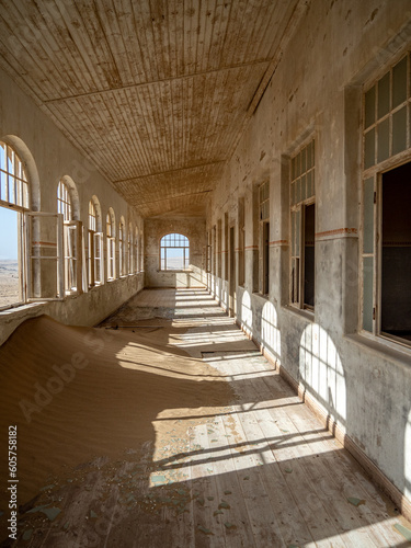 Architectural views of sand filled abandoned homes in diamond mining ghost town.