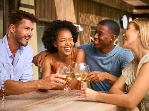 Group Of Smiling Multi-Cultural Friends Outdoors At Home Drinking Wine Together