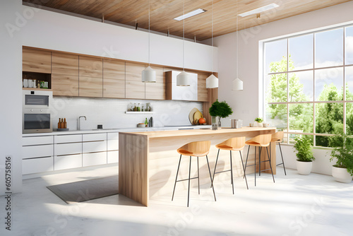 a modern and bright kitchen - white lacquered and wood colors - Generative AI