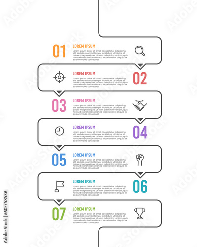 Vertical infographic timeline 7 steps to success. Milestone, Roadmap, Timeline. Vector illustration.
