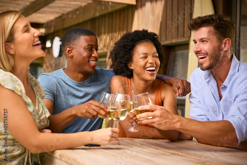 Group Of Smiling Multi-Cultural Friends Outdoors At Home Drinking Wine Together