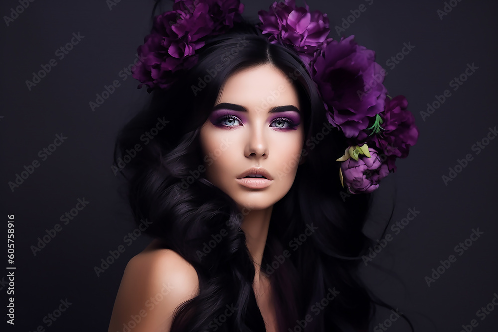 Beautiful girl with Orchid Flowers in her hair. Beauty Woman Face, Professional makeup, generative AI tools 