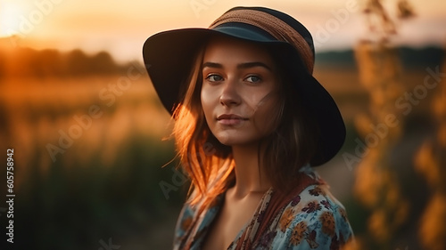 beautiful young fashionable woman posing outdoors on the field at sunset, generative AI tools 