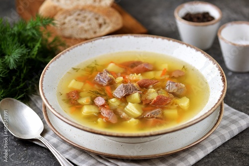 Pea soup with smoked sausages and beef