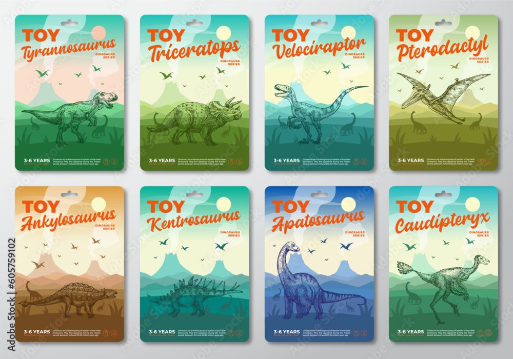 Dinosaur Toy Product Labels Template Set Abstract Vector Packaging Design Layouts Collection. Modern Typography with Prehistoric Volcano Landscape and Hand Drawn Dinosaurus Sketch Background Isolated