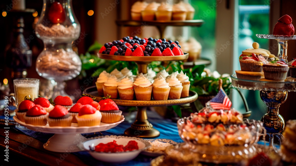 Sweet Taste of Freedom: A Patriotic-themed Dessert Buffet Featuring Mouthwatering American Delicacies. Generative AI.