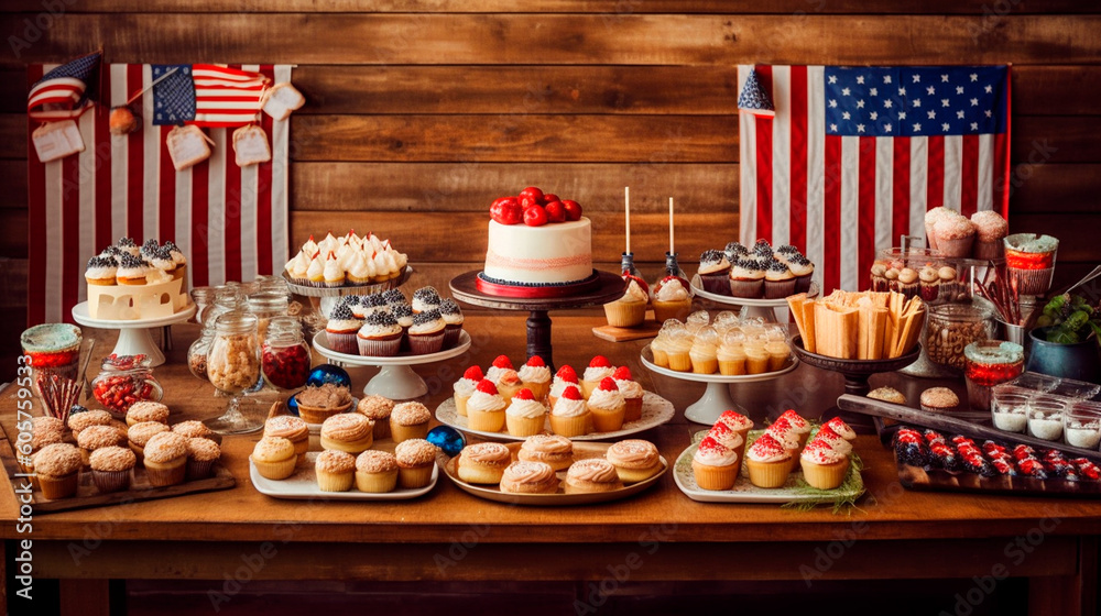 All-American Delights: A Patriotic Dessert Table Overflowing with Classic American Dishes. Generative AI.