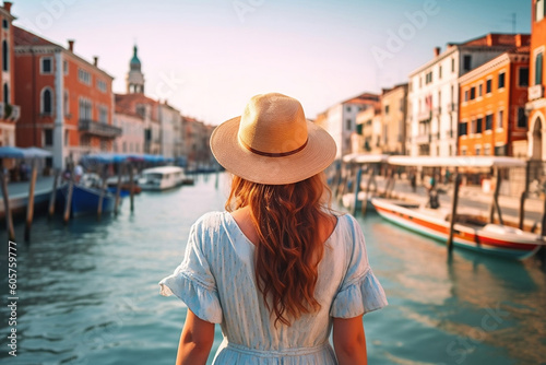 Back view of a girl wearing hat travelling in Venice, Italy. Generative AI