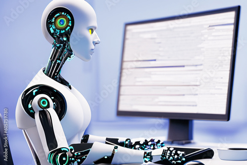 Android humanoid robot sitting at desk writing computer code.