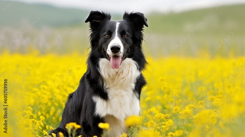 border collie dog spring portrait in green fields