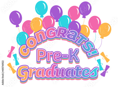 Pre-K Graduation Banner Text with Bright Colors and Balloons
