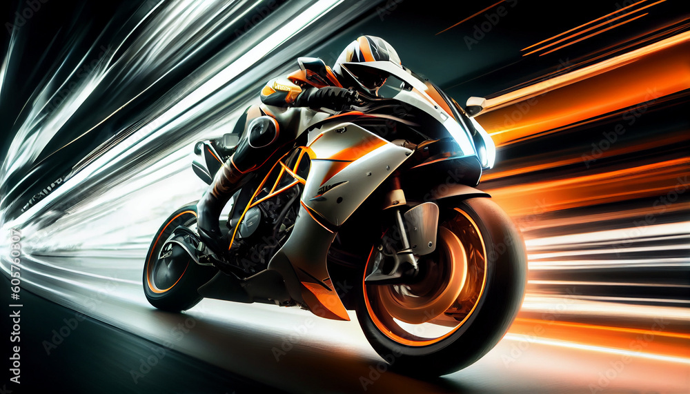 Super fast Moto bike automobile concept design with fire. Luxury speed race  Moto Bike automotive concept with flames. High speed modern Moto bike with  motion blur background Ai generated image Illustration Stock