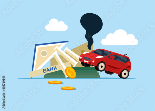 Financial crisis and bankruptcy. Collapsing bank building and  Damaged Vehicle . Modern vector illustration in flat style