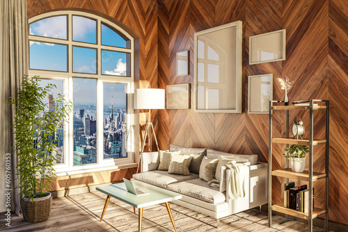 luxurious loft apartment with arched window and panoramic view over urban downtown; noble interior living room design mock up; 3D Illustration photo