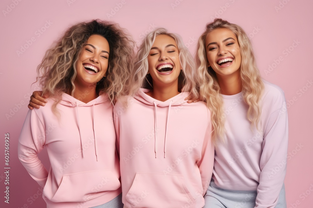 Three female friends in wearing sport clothes, laughing happily on pink background. Generative Ai Three female friends in wearing sport clothes, laughing happily on pink background. Generative Ai