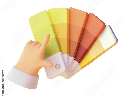 Vector icon. Hand choosing color swatch. Paint color palette guide or catalog and hand. Selecting color samples