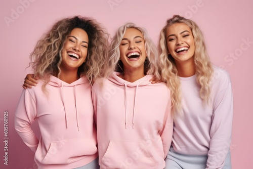 Three female friends in wearing sport clothes, laughing happily on pink background. Generative Ai