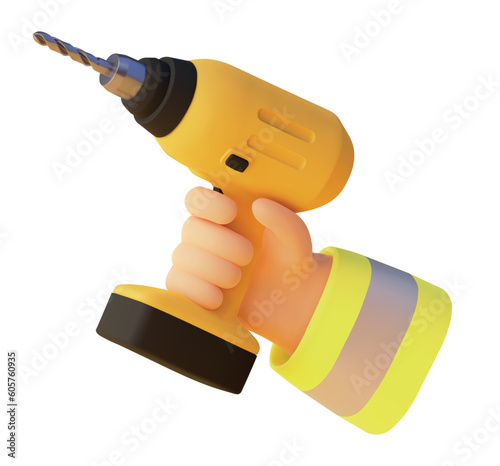 Vector icon. Workers hand holding electric cordless drill. Yellow drill in hand