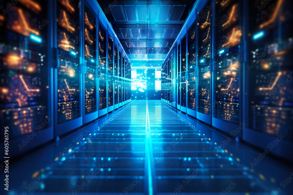 A long hallway in a data center with blue lights. Generative AI. A long hallway in a data center with blue lights. Generative AI.