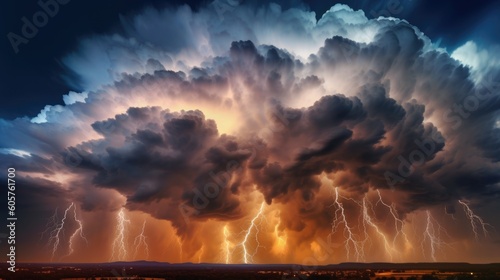 A stormy sky with multiple lightning strikes represents a severe storm. Generative AI