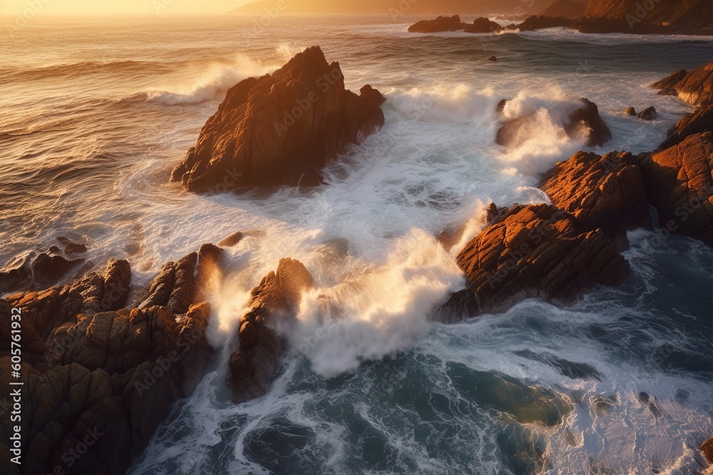 The sun glistens off the powerful waves crashing against a rocky shoreline - Generative AI