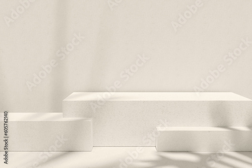 Minimalistic white beige geometric podium display. Empty space. Product advertisement. Bright sunlight with leaves shadows. realistic 3d rendering