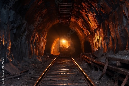 Underground Coal Mine with Rails: Mining Industry. AI