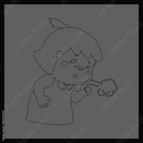 Little girl coughing vector cartoon outline illustration.