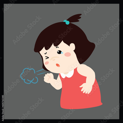 Little girl coughing vector cartoon illustration.