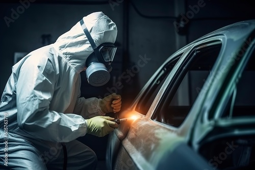 Car painter in protective clothes and mask painting a car, mechanic using a paint spray gun in a painting chamber. Bodywork, paint job, car service, bodypaint garage. 