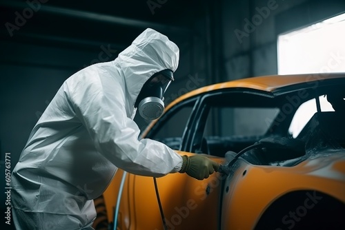 Car painter in protective clothes and mask painting a car, mechanic using a paint spray gun in a painting chamber. Bodywork, paint job, car service, bodypaint garage.  © MdImam