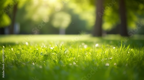 Fresh green garden grass lawn in spring, summer with bright bokeh of blurred foliage of springtime in the background.
