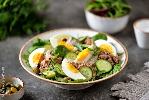 Healthy canned tuna salad with capers, egg, potato and cucumber.