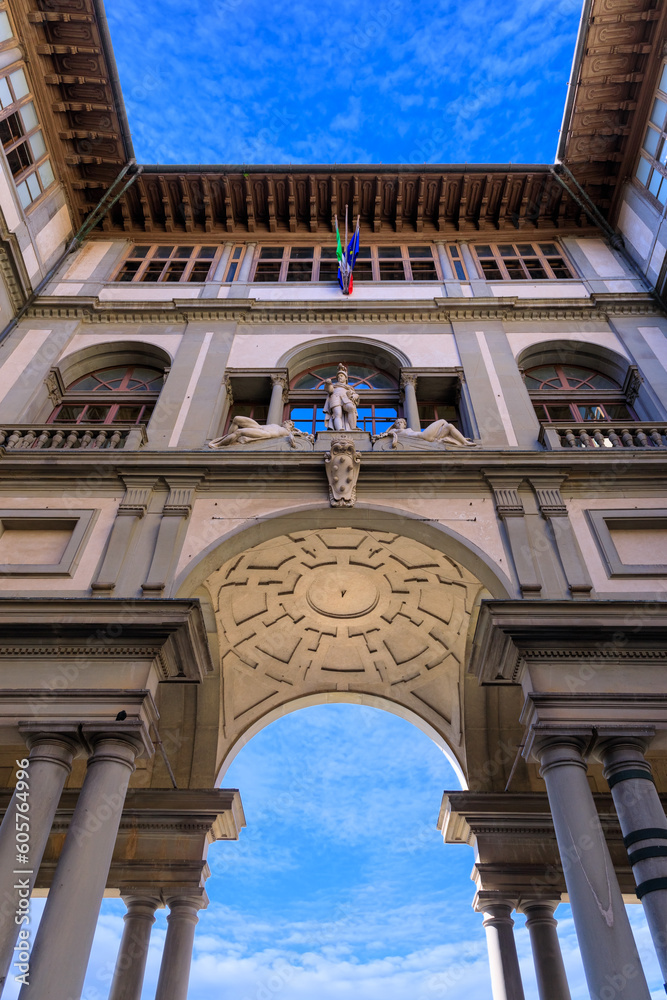 The Uffizi Gallery in Firenze, Italy: view of narrow internal courtyard between the two wings of the palace.
