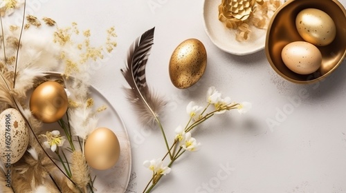 Easter table setting with bunny and golden eggs. Top view.