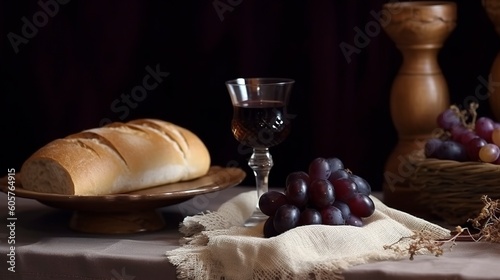 Adjarian khinkali and khachapuri with wine and sauce on a wooden table and stands.