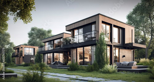3d rendering of a large modern contemporary house in wood and concrete. © MdImam