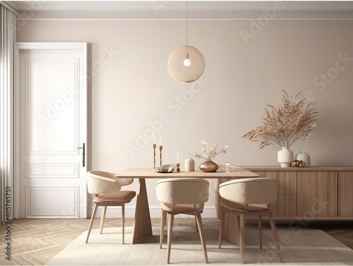 Cozy dining room interior in beige  3d render.