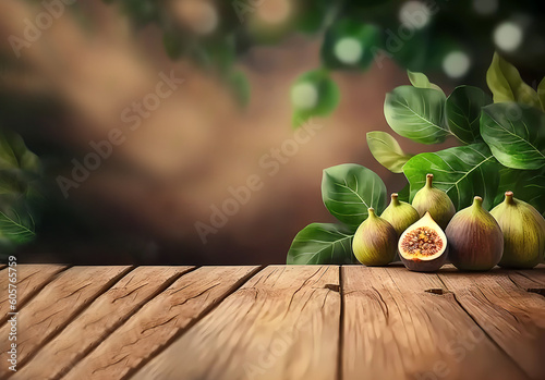 Wooden tabletop and figs. fig harvest. Banner. Copy space. Generative AI