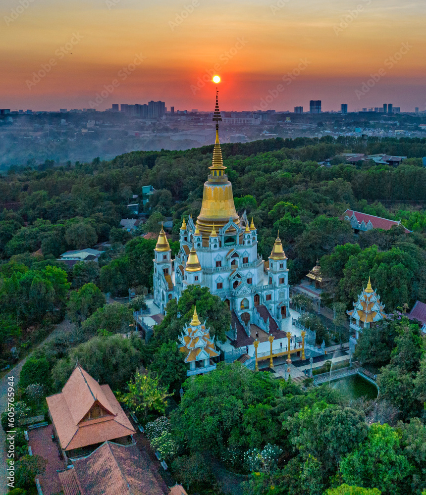 Sunset in Buu Long pagoda, Ho Chi Minh City, Vietnam. Photo taken on March 2023.