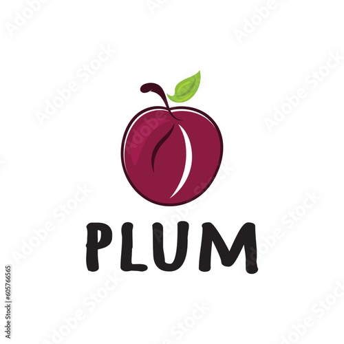 plum fruit logo with leaves, design of plum plantation, fruit shop, plum products, with simple vector editing