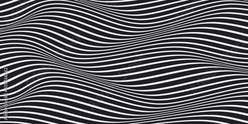 Wave of optical illusion. Abstract black and white illustrations. Horizontal lines stripes pattern or background with wavy distortion effect.