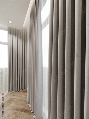 grey curtain in the white room, 3d render