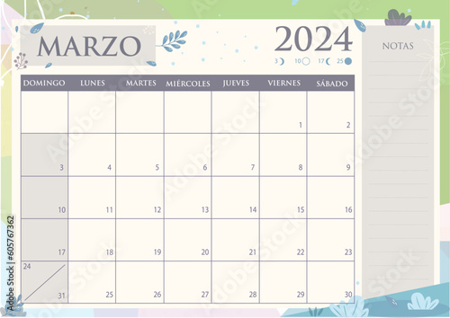 Calendario Planificador 2024 en Español - Mes de Marzo