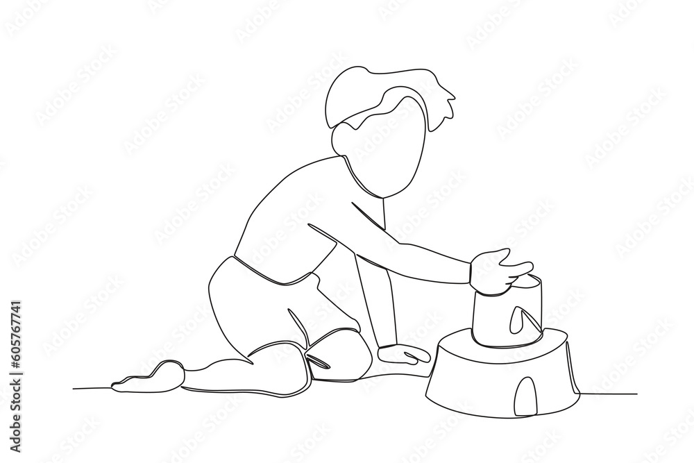 A boy builds a sand castle. Summer one-line drawing A boy builds a sand castle. Summer one-line drawing