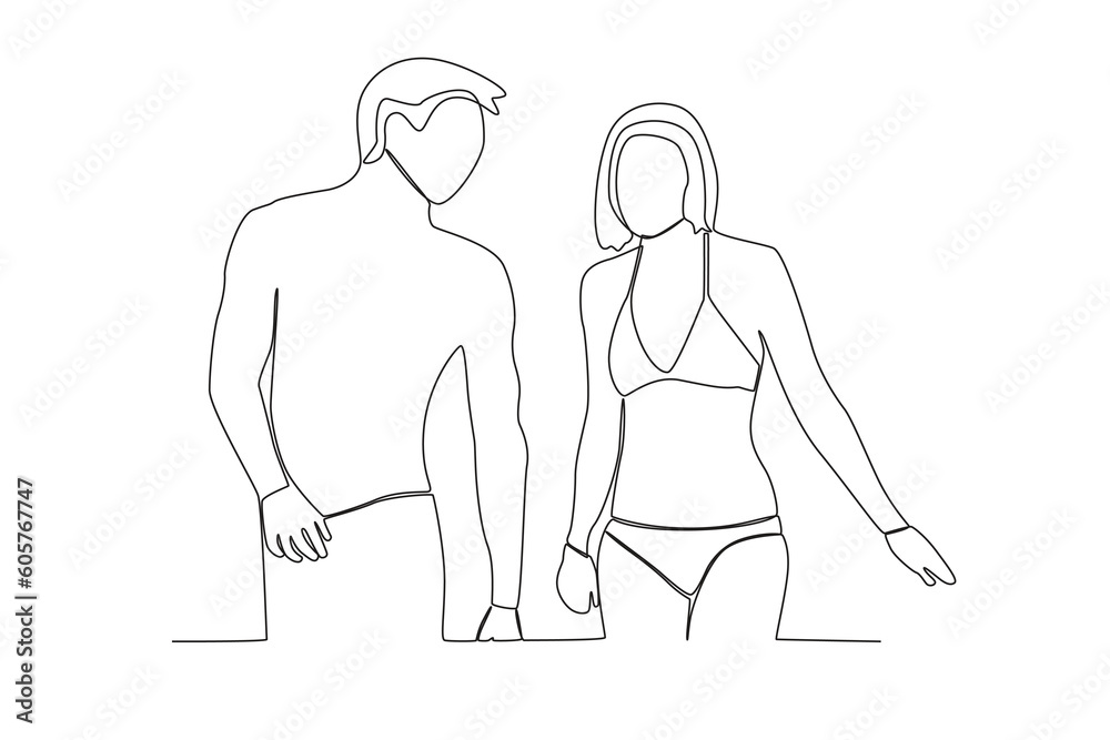 Couple on the beach in summer. Summer one-line drawing