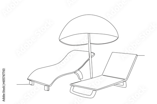 Chairs and umbrellas on the beach. Summer one-line drawing