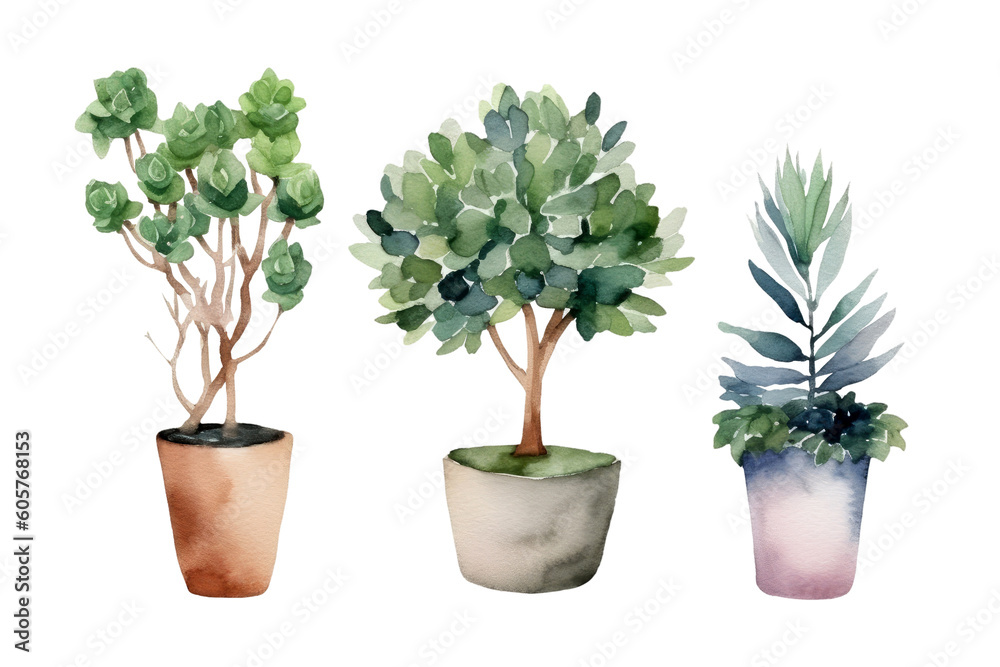 Fototapeta premium Watercolor of minimal Green Houseplant tree isolated on clear png background, elements natural botanical, leaves, flowers and herbs, set of tree plant collection, with Generative Ai.